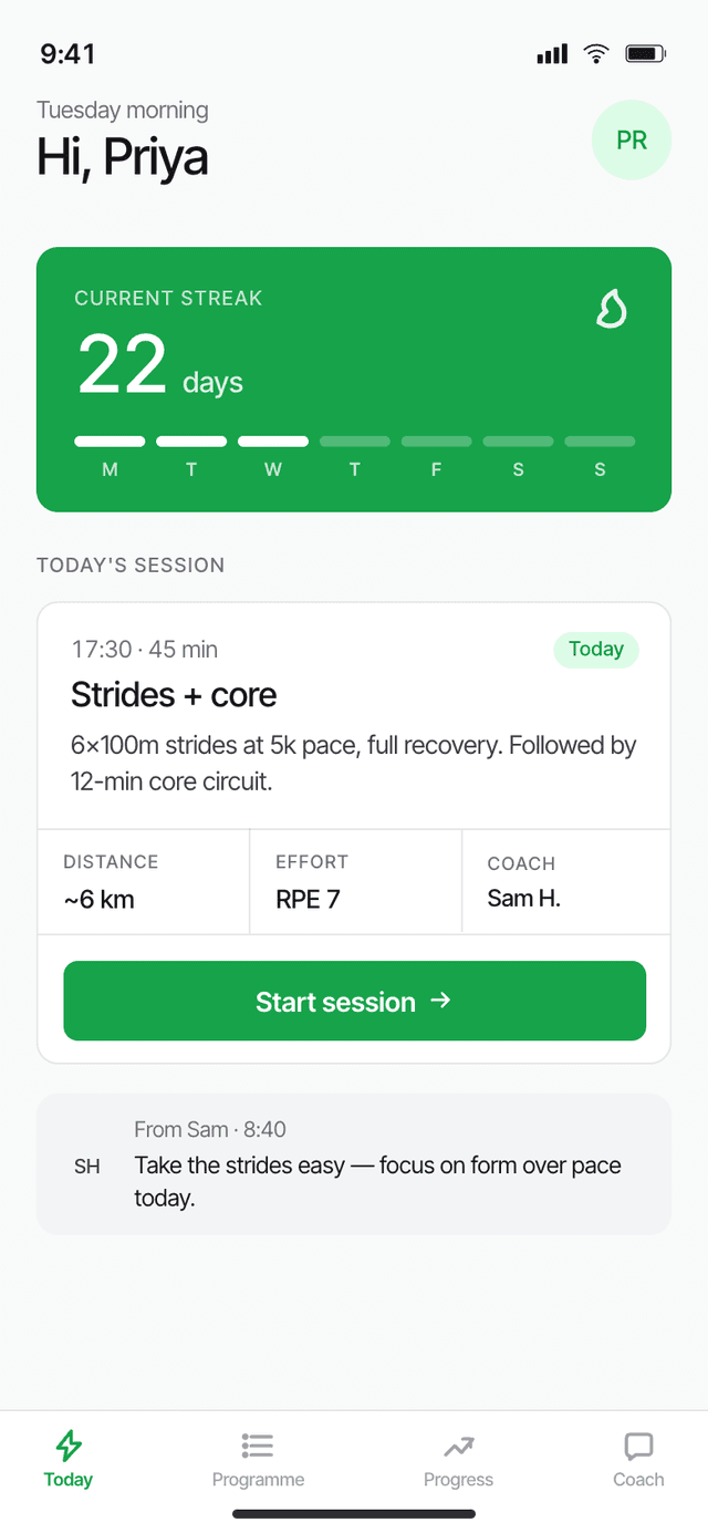 The PT2C client app showing today's training session, a nine day streak and the week's programme
